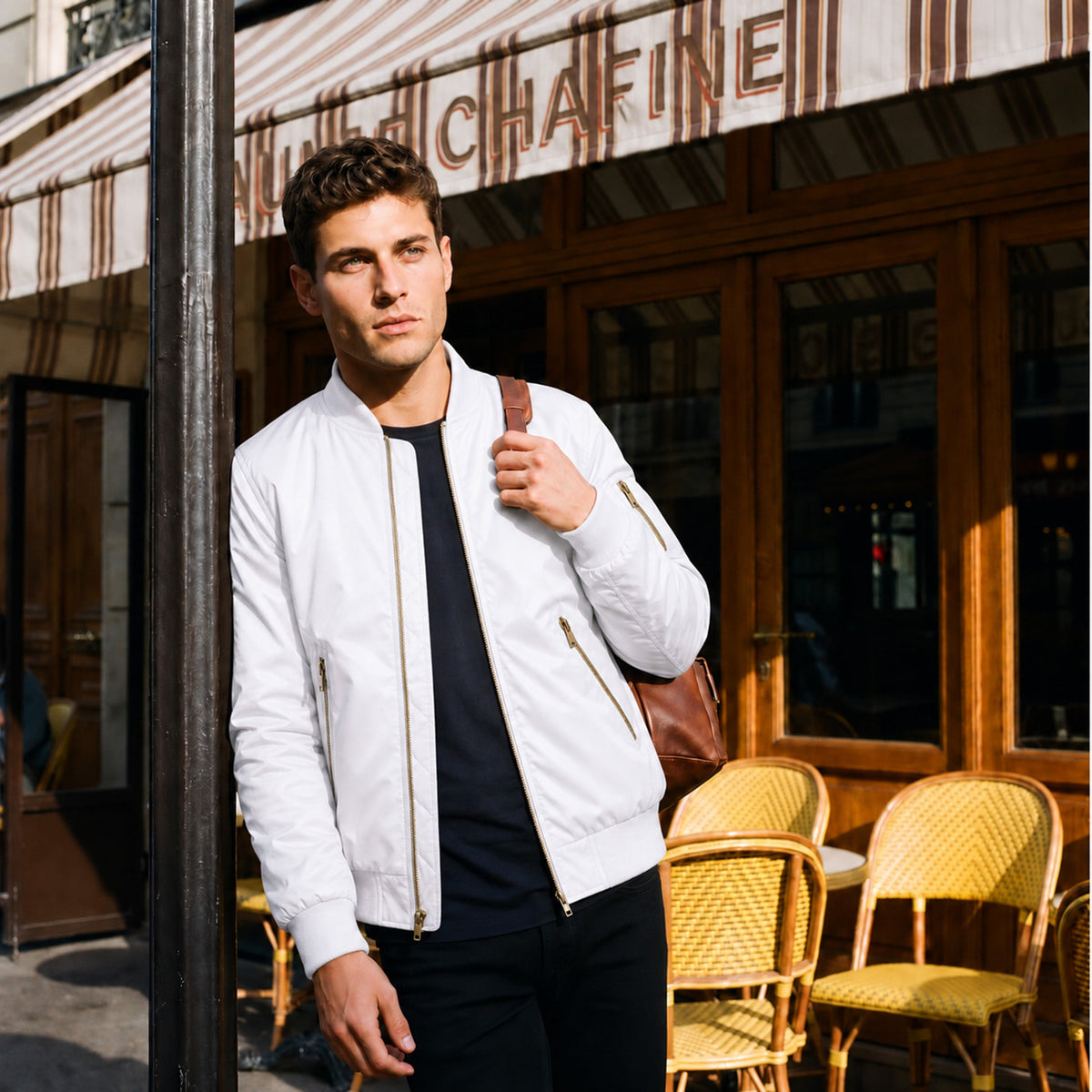 White MAGCOMSEN Men's Bomber Jacket – Casual Zip-Up Windbreaker in #Color_White