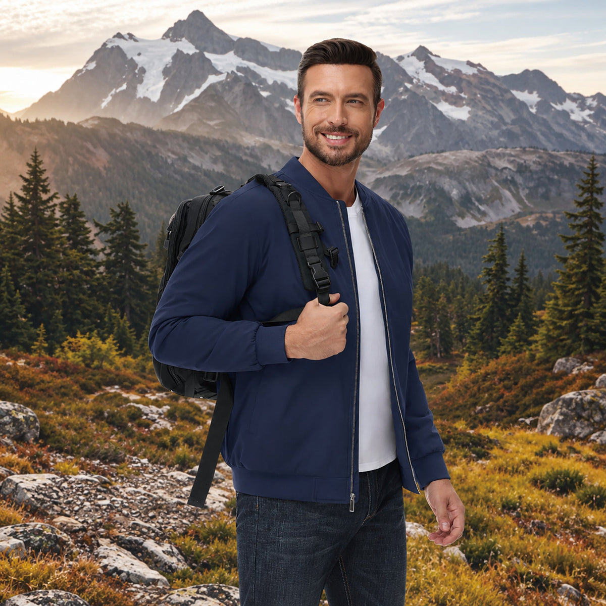 Navy MAGCOMSEN Men's Bomber Jacket, Quilted & Windproof with Pockets in #Color_Navy