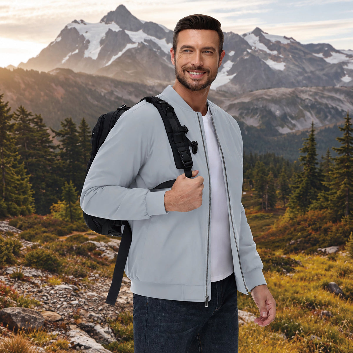 Light Grey MAGCOMSEN Men's Bomber Jacket, Quilted & Windproof with Pockets in #Color_Light Grey