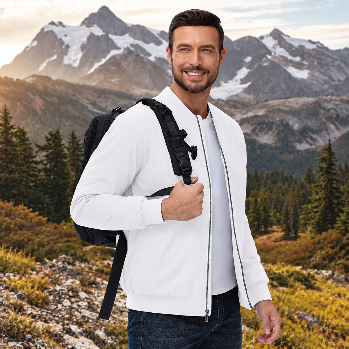 White MAGCOMSEN Men's Bomber Jacket, Quilted & Windproof with Pockets in #Color_White