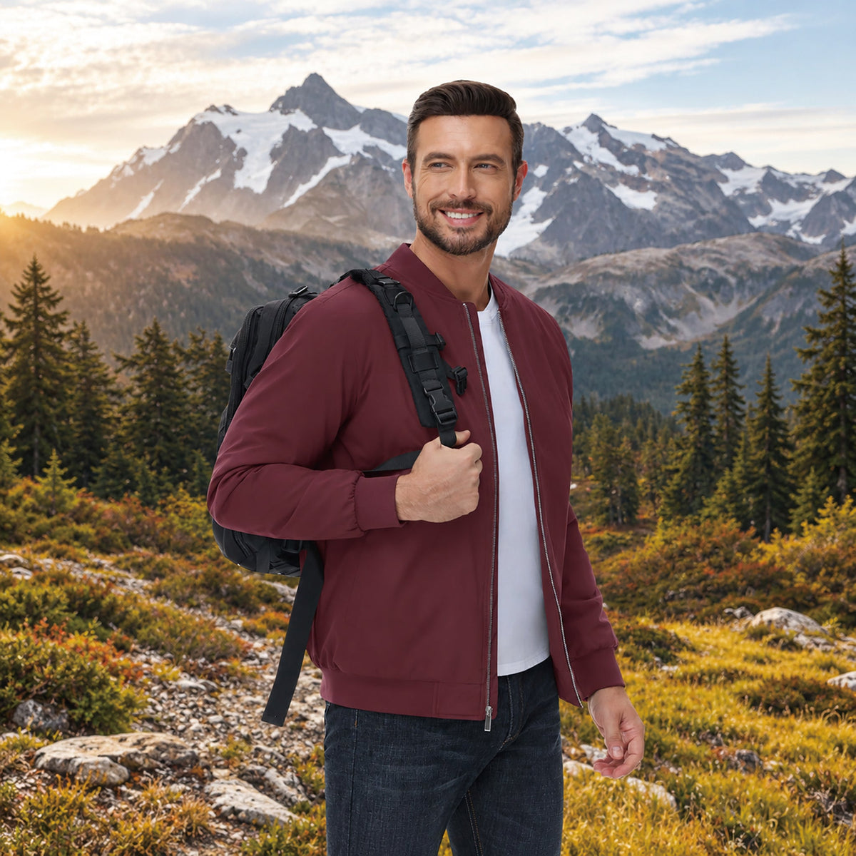 Wine Red MAGCOMSEN Men's Bomber Jacket, Quilted & Windproof with Pockets in #Color_Wine Red