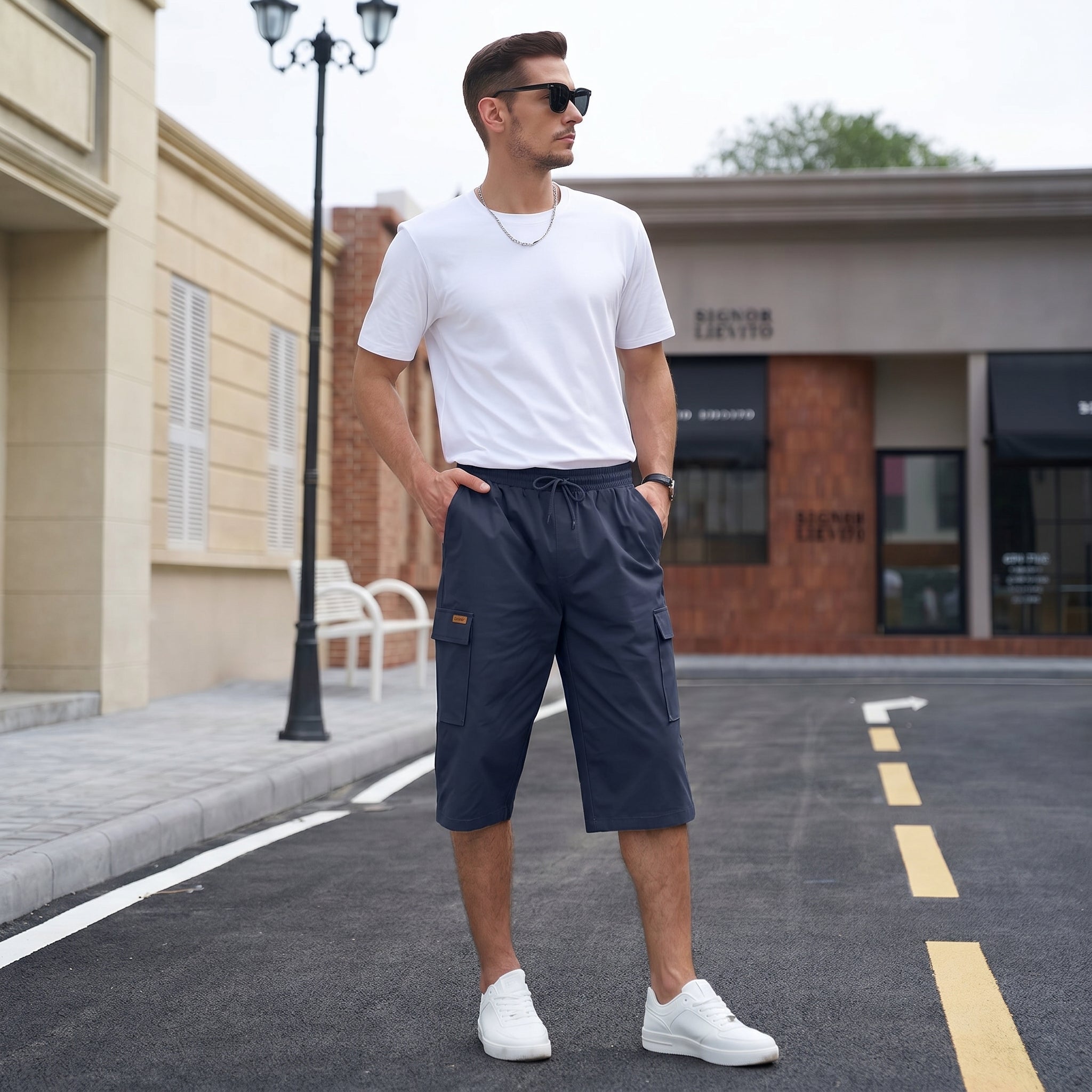 Men's Cotton Cargo Shorts - Below Knee Stretch Work Shorts Navy by MAGCOMSEN