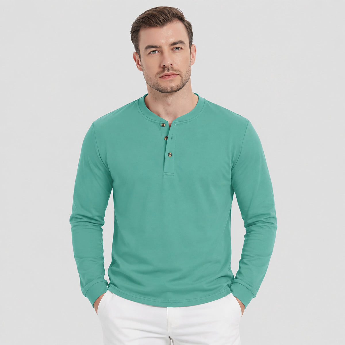 Grey Green MAGCOMSEN Men's Cotton Long Sleeve Henley Shirt, Casual Work Tee in #Color_Grey Green