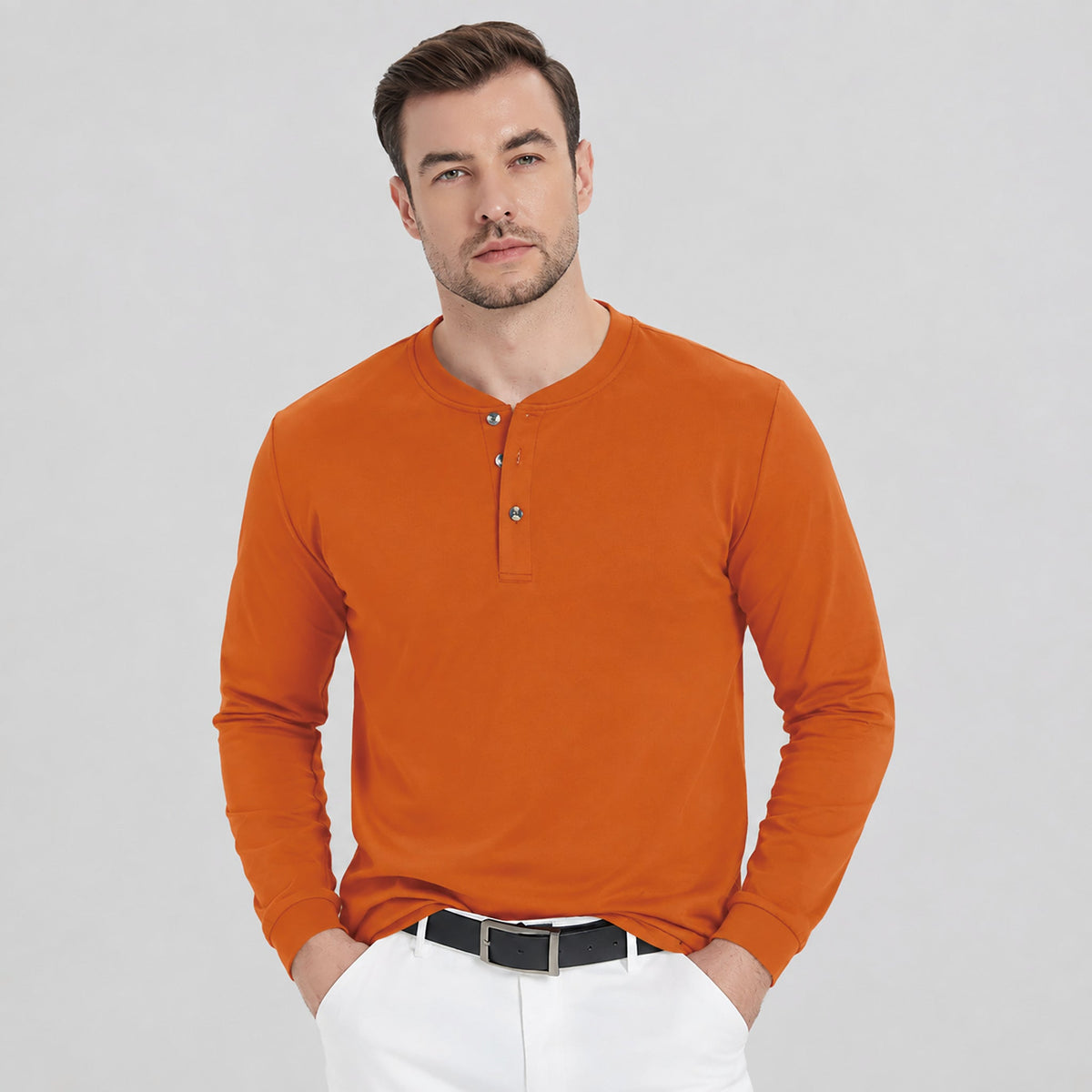 Dark Orange MAGCOMSEN Men's Cotton Long Sleeve Henley Shirt, Casual Work Tee in #Color_Dark Orange