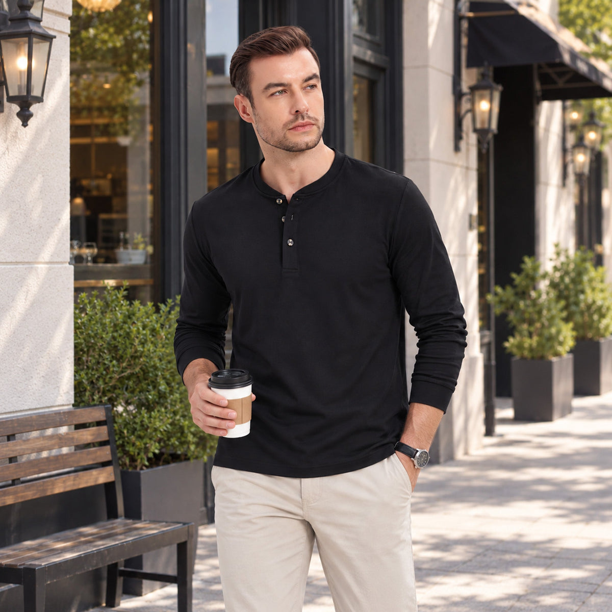 Black MAGCOMSEN Men's Cotton Long Sleeve Henley Shirt, Casual Work Tee in #Color_Black