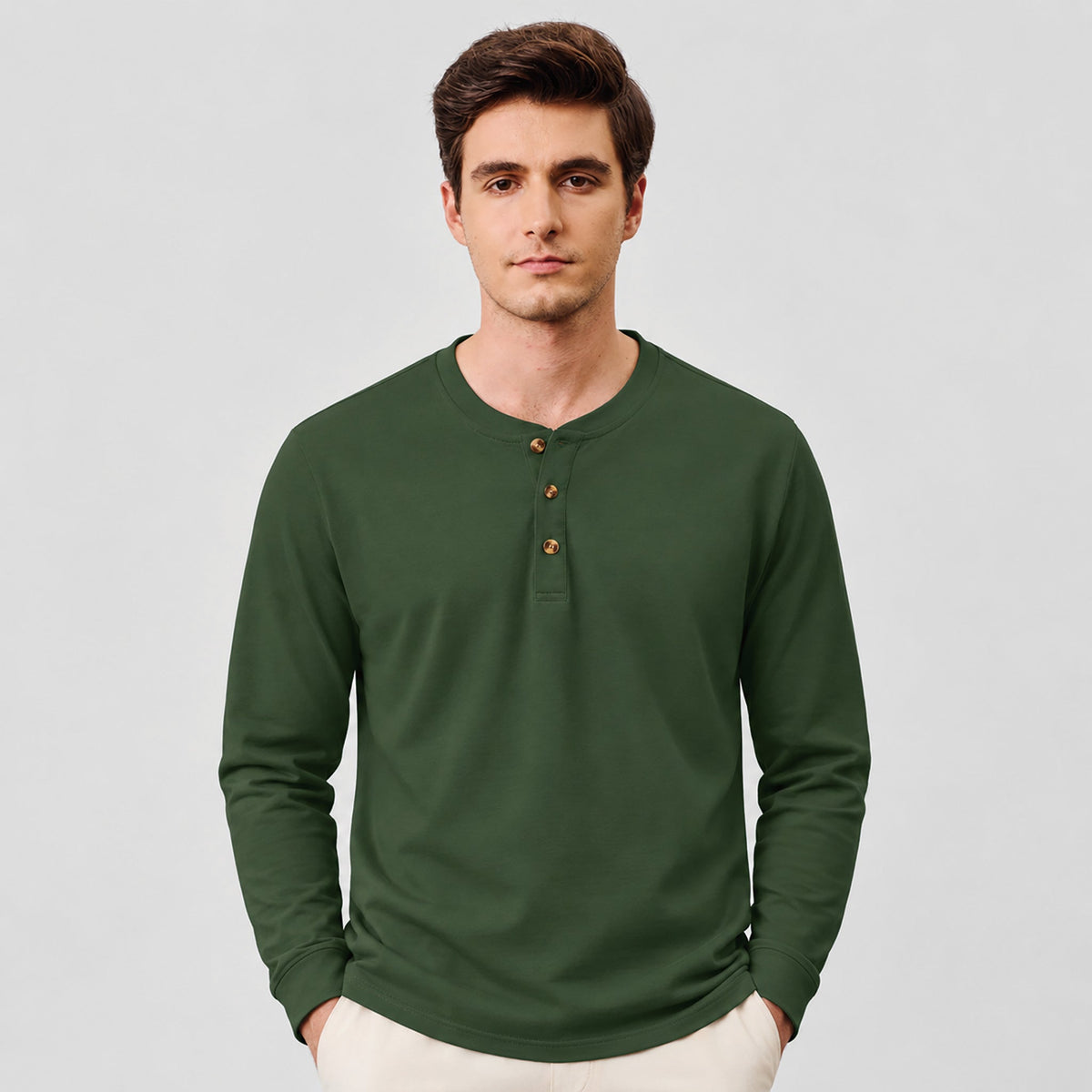 Army Green MAGCOMSEN Men's Cotton Long Sleeve Henley Shirt, Casual Work Tee in #Color_Army Green