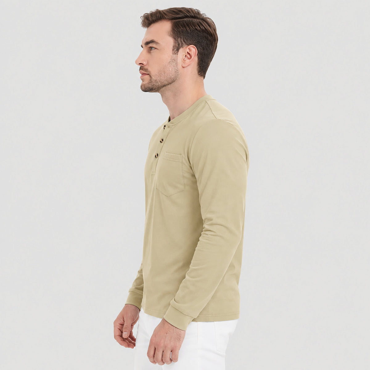 Khaki MAGCOMSEN Men's Cotton Long Sleeve Henley Shirt, Casual Work Tee in #Color_Khaki