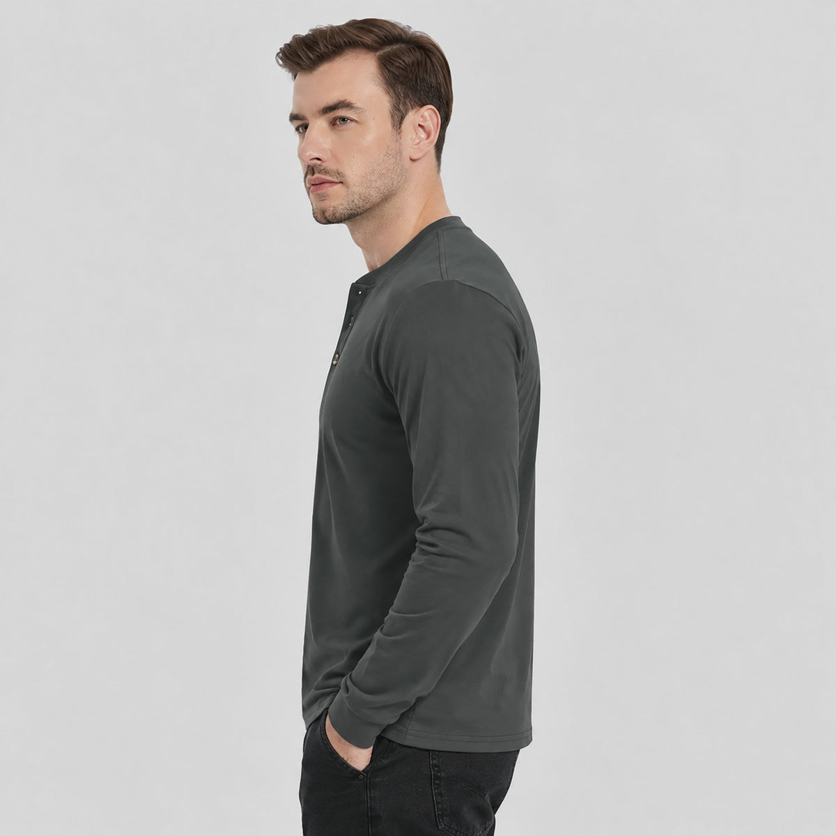 Dark Grey MAGCOMSEN Men's Cotton Long Sleeve Henley Shirt, Casual Work Tee in #Color_Dark Grey
