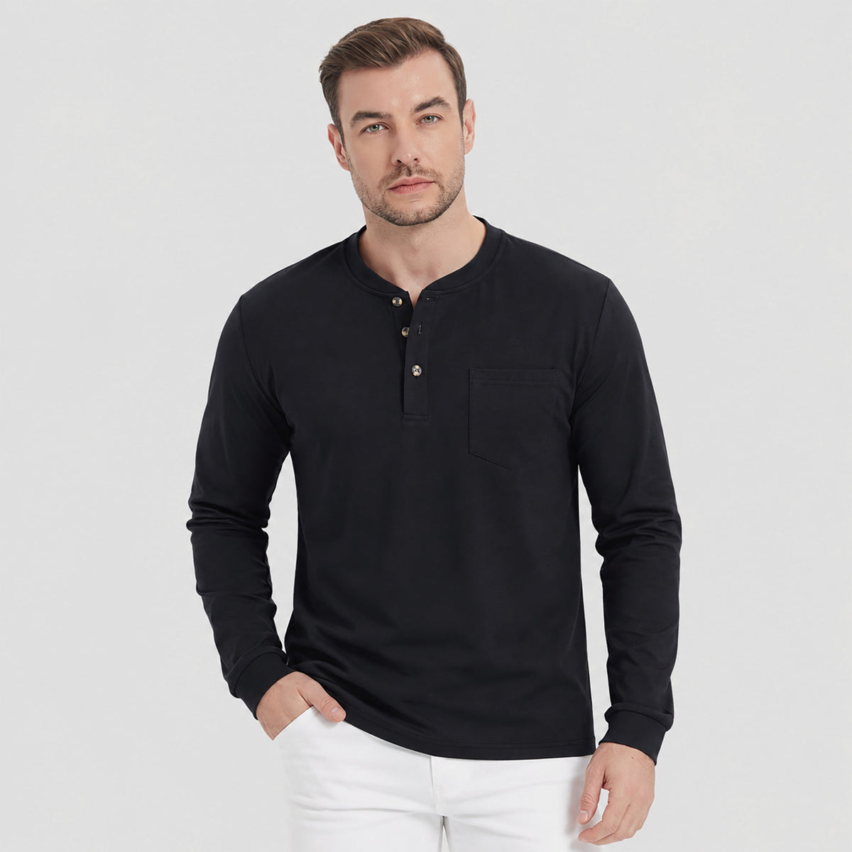 Black MAGCOMSEN Men's Cotton Long Sleeve Henley Shirt, Casual Work Tee in #Color_Black