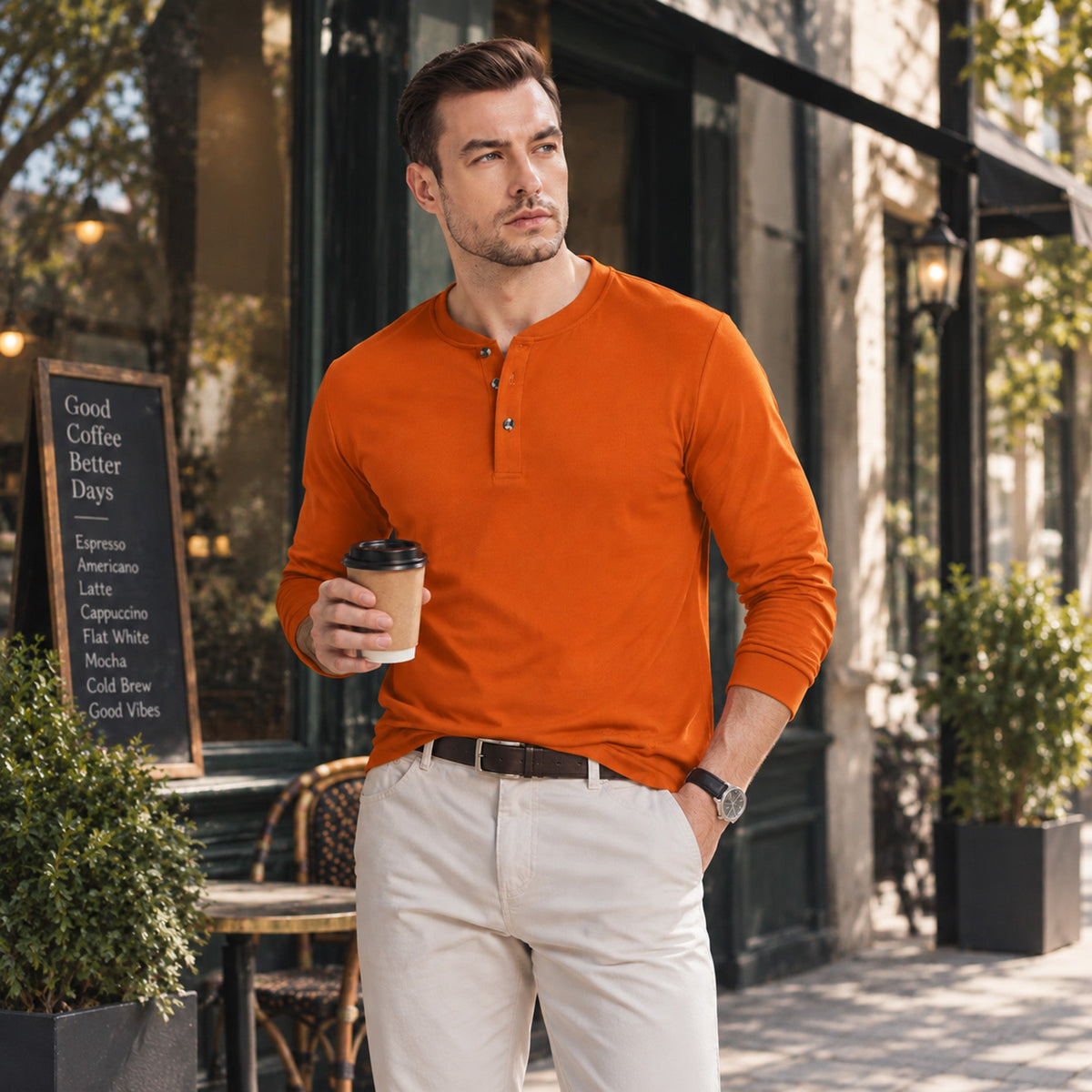 Dark Orange MAGCOMSEN Men's Cotton Long Sleeve Henley Shirt, Casual Work Tee in #Color_Dark Orange