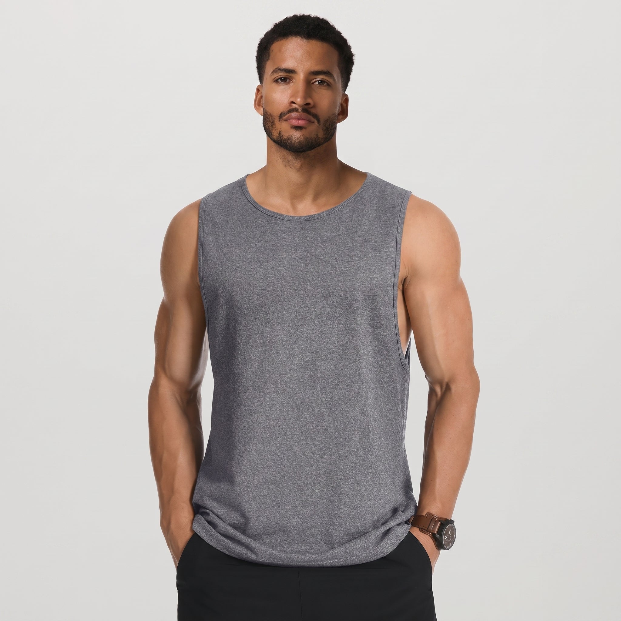 Dark Grey MAGCOMSEN Men's Cotton Tank Top - Moisture-Wicking Sleeveless Workout Shirt in #Color_Dark Grey