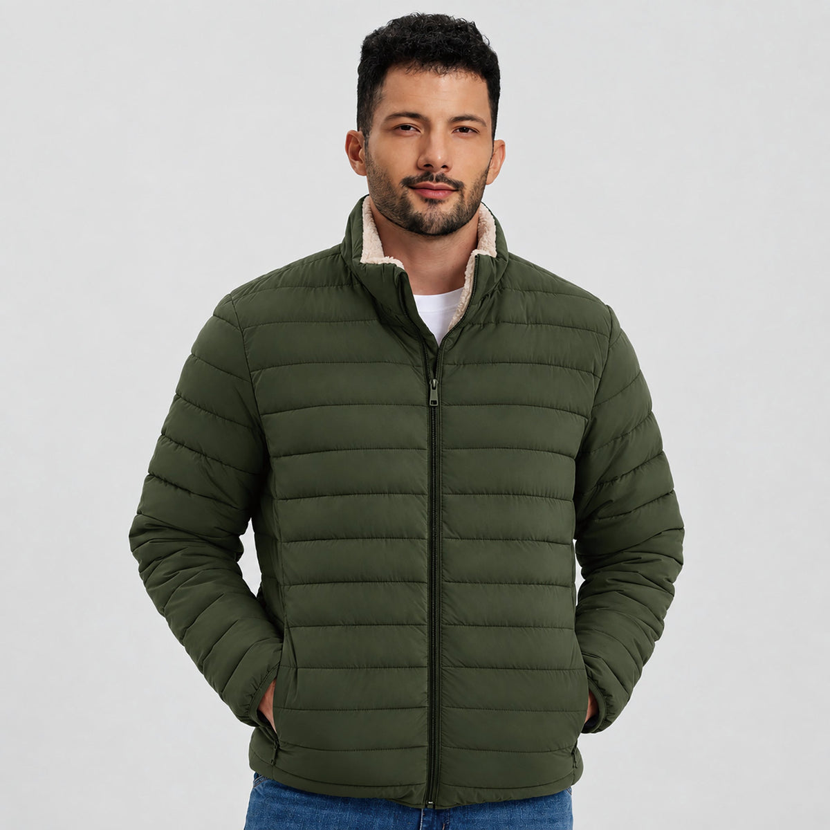 Army Green MAGCOMSEN Men's Lightweight Puffer Jacket Sherpa Lined Warm Winter Coat in #Color_Army Green