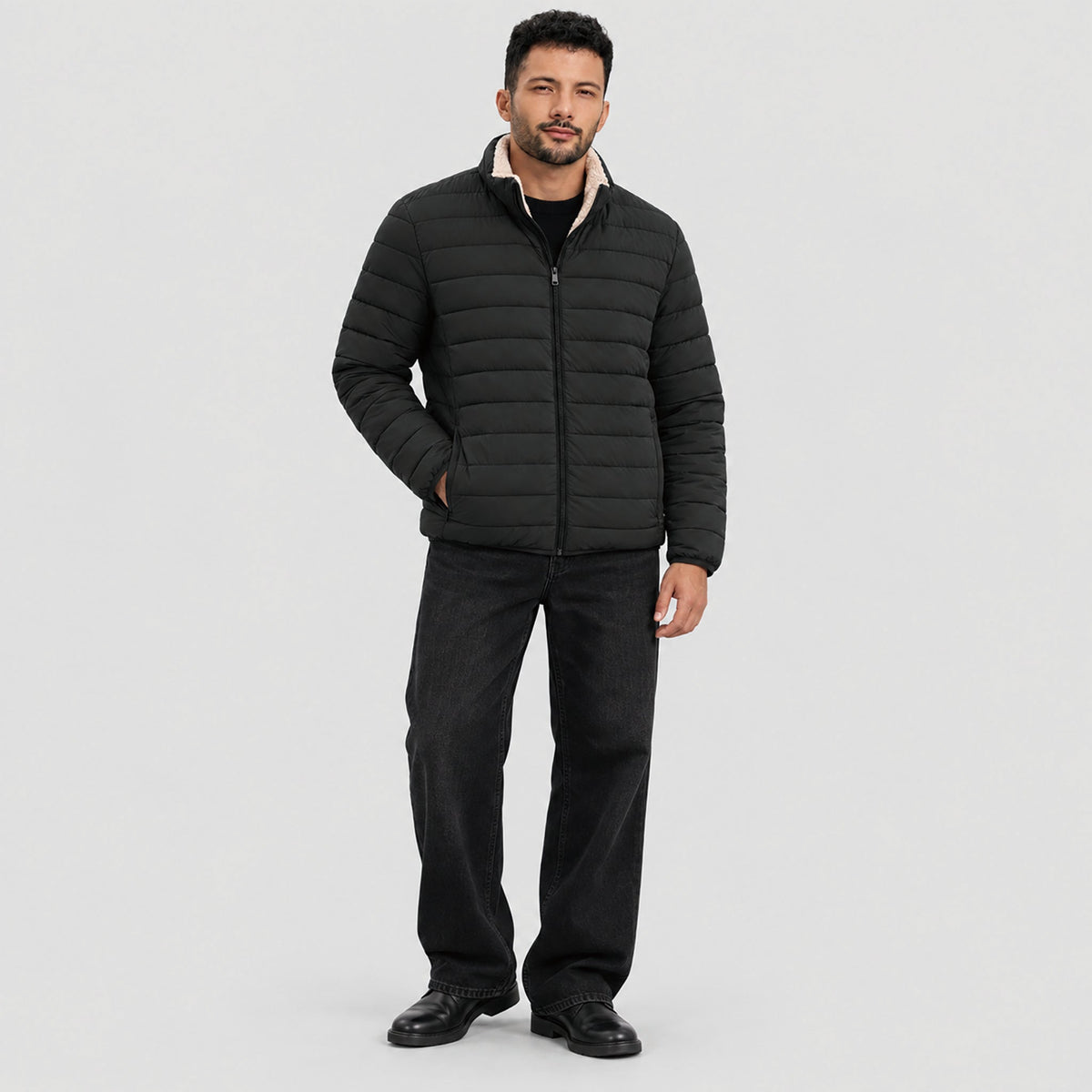 Black MAGCOMSEN Men's Lightweight Puffer Jacket Sherpa Lined Warm Winter Coat in #Color_Black