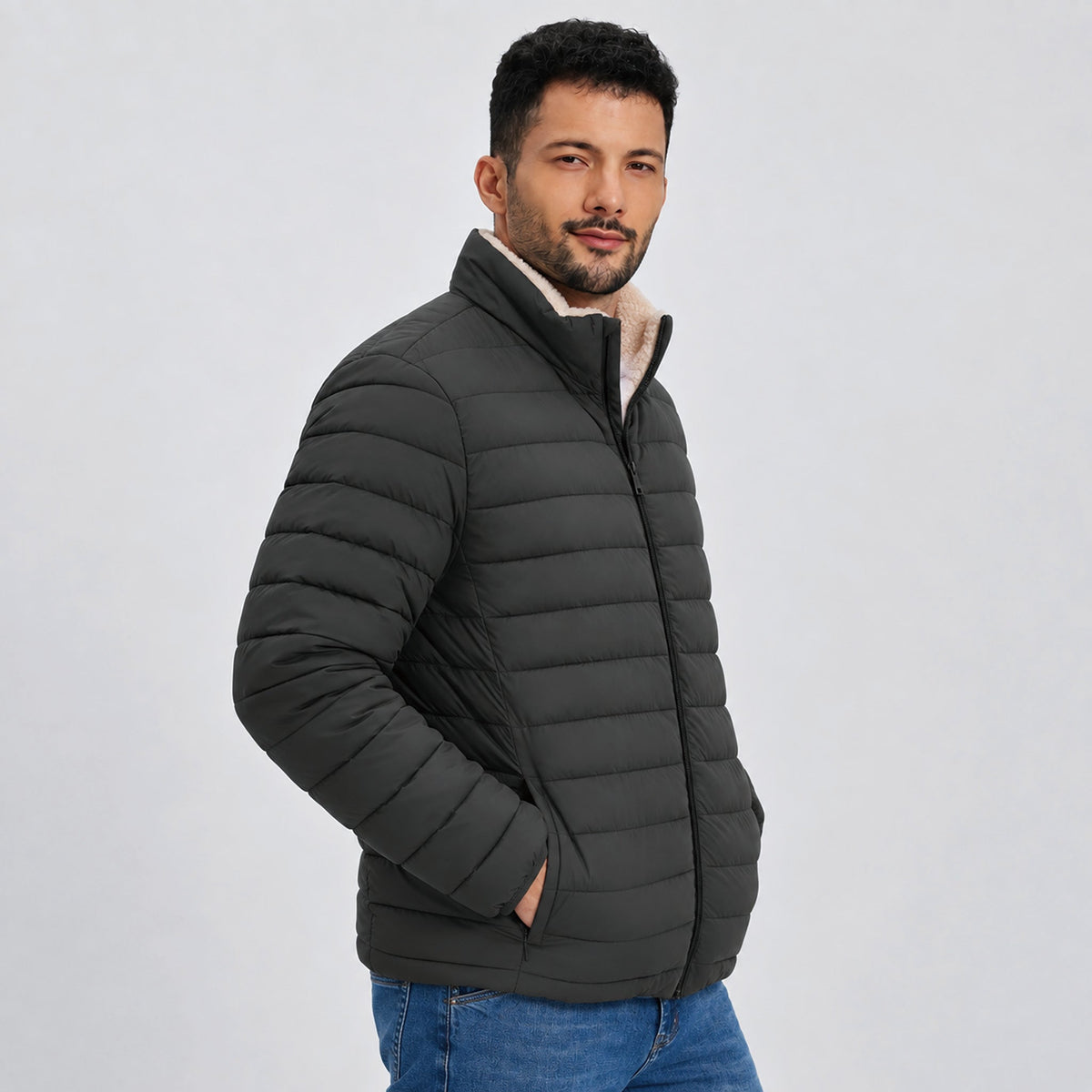 Dark Grey MAGCOMSEN Men's Lightweight Puffer Jacket Sherpa Lined Warm Winter Coat in #Color_Dark Grey