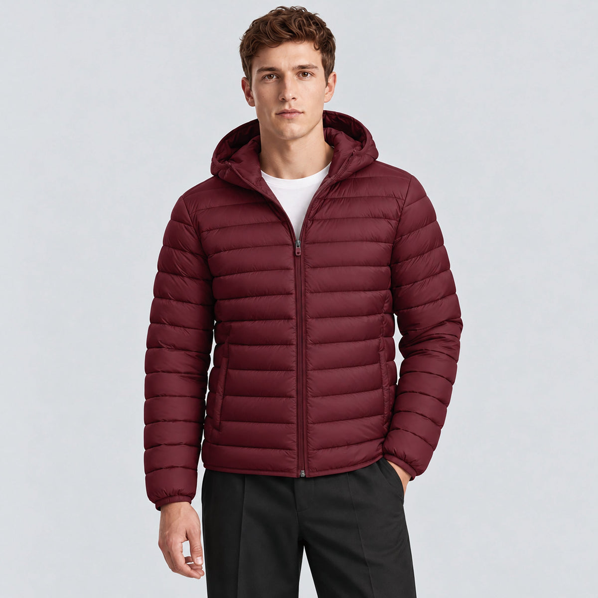 Men's Lightweight Quilted Lined Hooded Puffer Jacket Wine by MAGCOMSEN