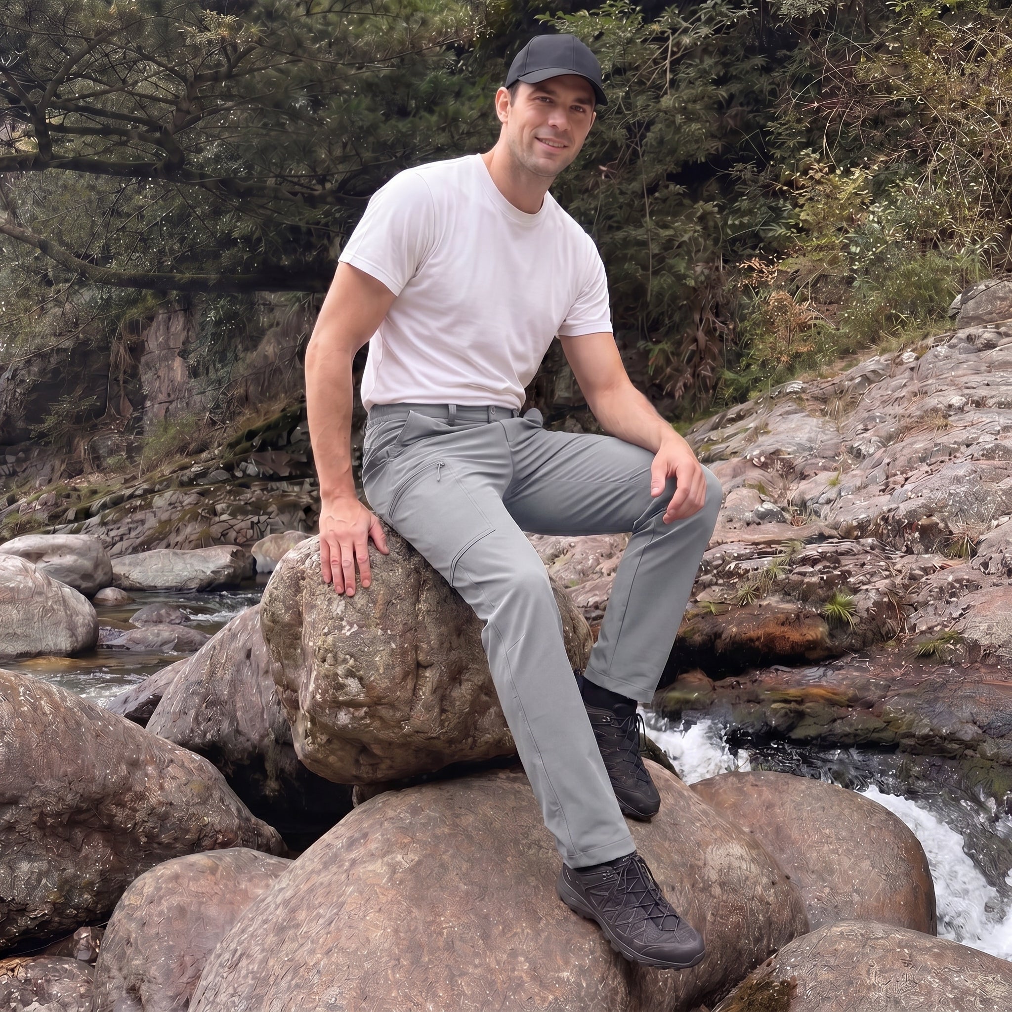 Men's Lightweight Ripstop Hiking Pants - Water Resistant 6 Pocket Cargo Pants Light Grey by MAGCOMSEN