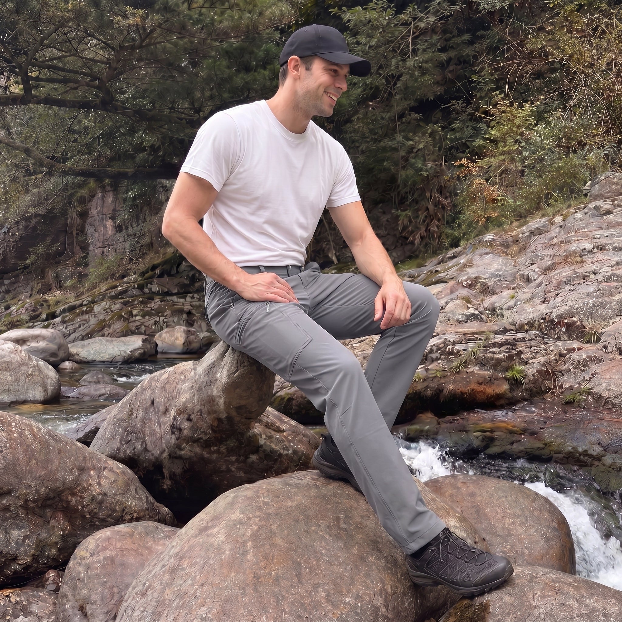 Men's Lightweight Ripstop Hiking Pants - Water Resistant 6 Pocket Cargo Pants Light Grey by MAGCOMSEN