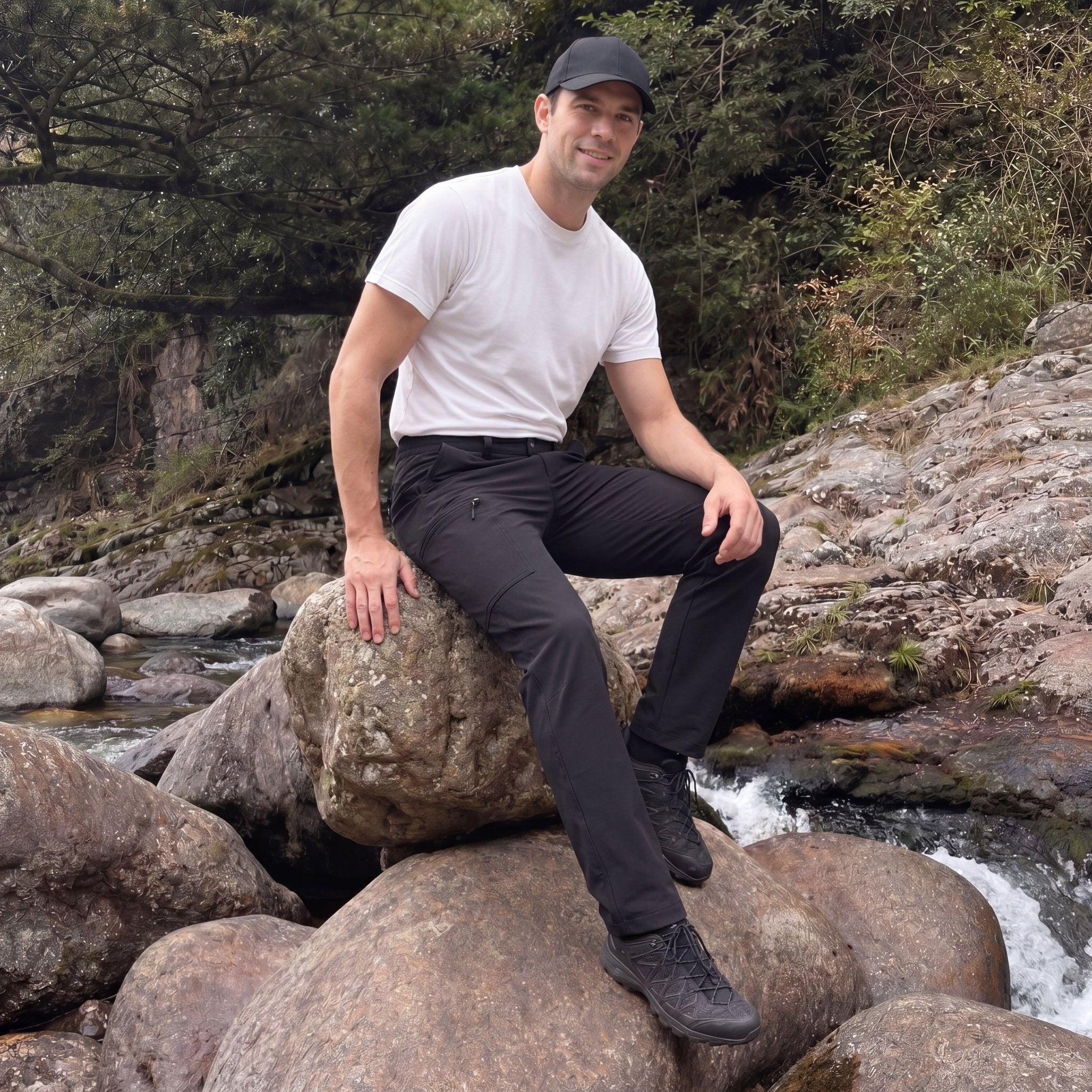 Men's Lightweight Ripstop Hiking Pants - Water Resistant 6 Pocket Cargo Pants Black by MAGCOMSEN