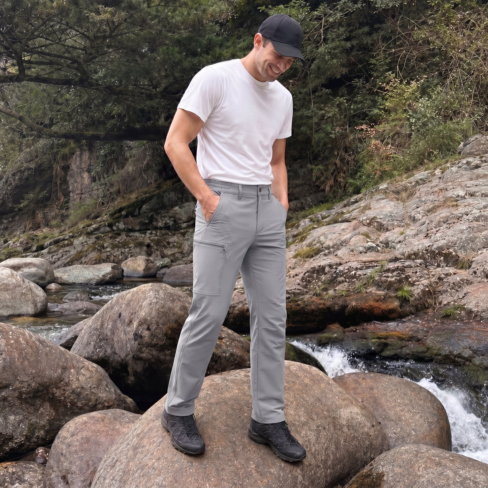 Men's Lightweight Ripstop Hiking Pants - Water Resistant 6 Pocket Cargo Pants Light Grey by MAGCOMSEN
