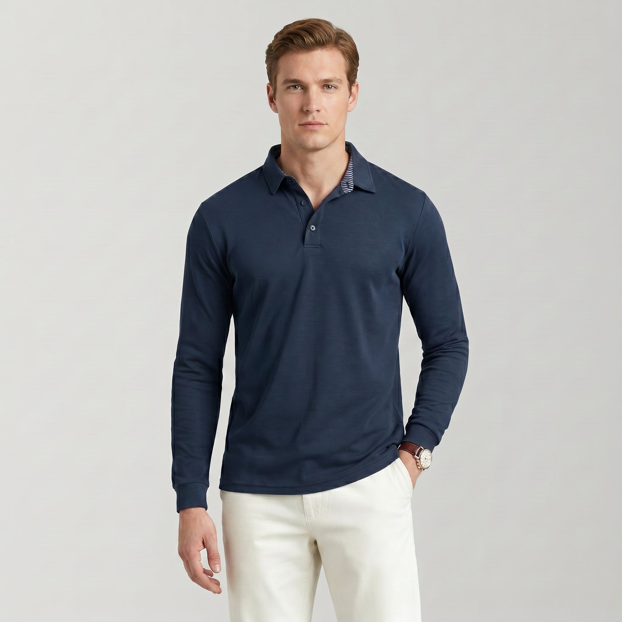 Men‘s Long Sleeve Golf Polo - Moisture Wicking Stretch Performance Shirt Navy by MAGCOMSEN