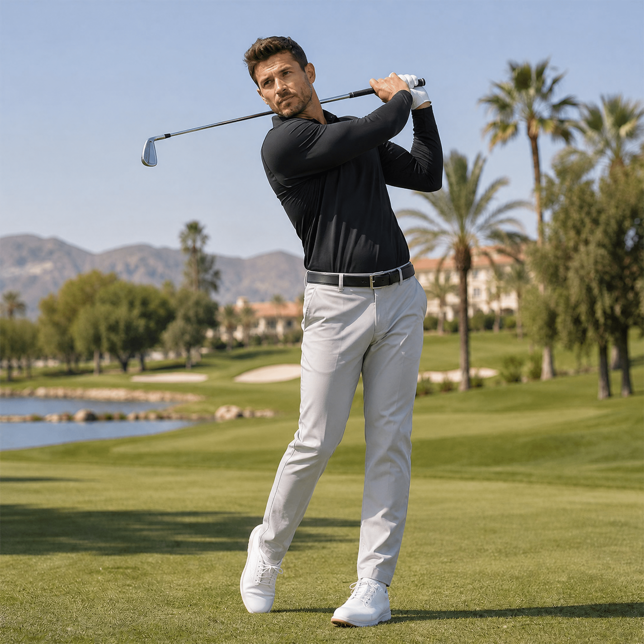 Men‘s Long Sleeve Golf Polo - Moisture Wicking Stretch Performance Shirt Black by MAGCOMSEN