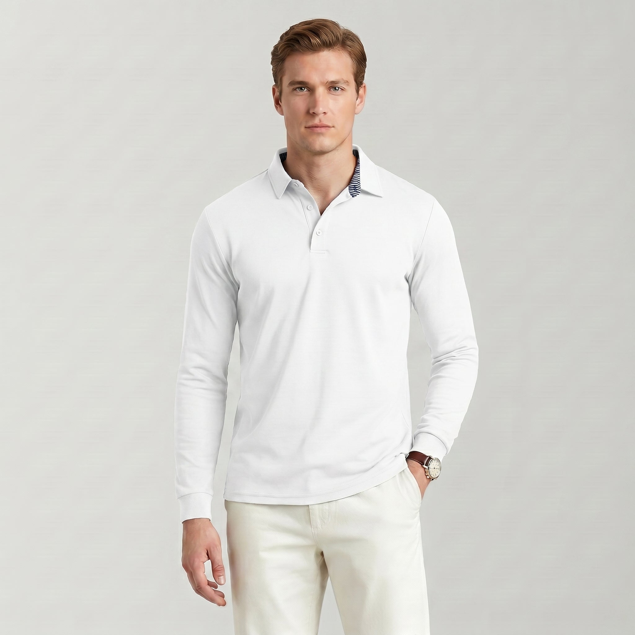 Men‘s Long Sleeve Golf Polo - Moisture Wicking Stretch Performance Shirt White by MAGCOMSEN