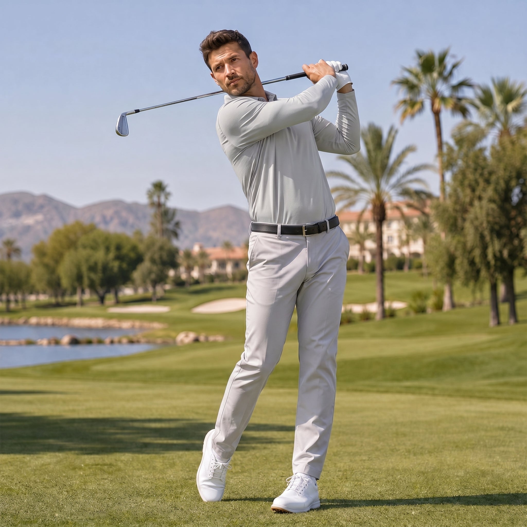 Men‘s Long Sleeve Golf Polo - Moisture Wicking Stretch Performance Shirt Light Grey by MAGCOMSEN