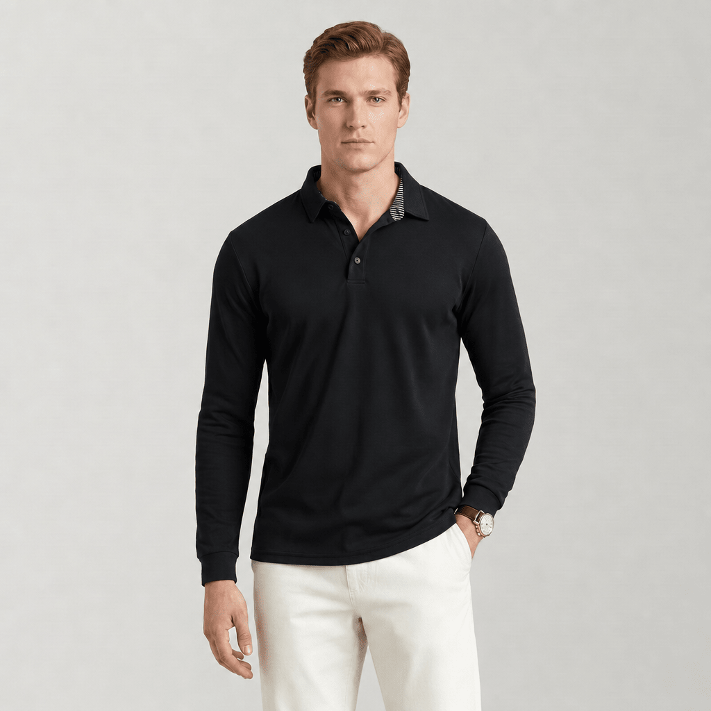 Men‘s Long Sleeve Golf Polo - Moisture Wicking Stretch Performance Shirt Black by MAGCOMSEN