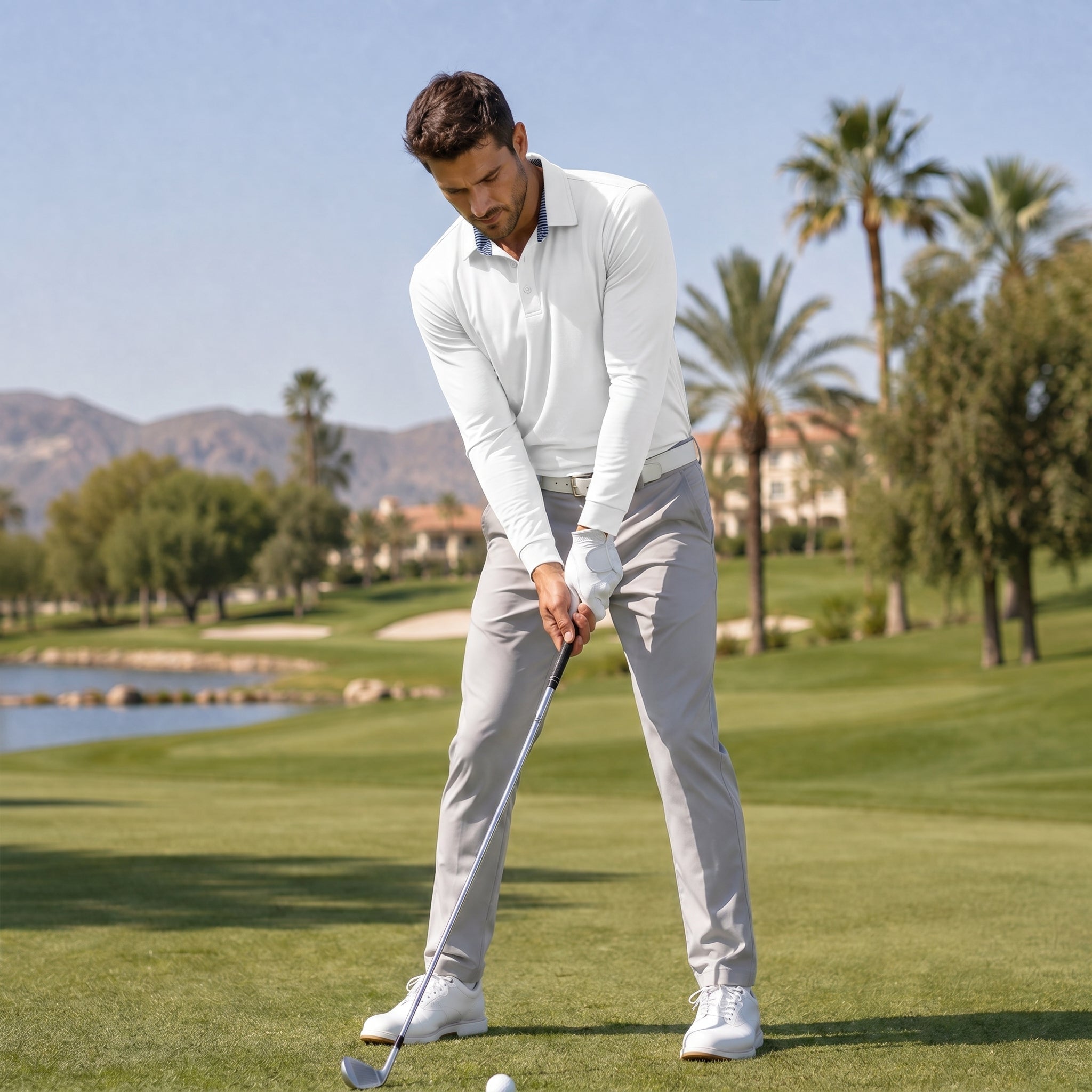 Men‘s Long Sleeve Golf Polo - Moisture Wicking Stretch Performance Shirt White by MAGCOMSEN