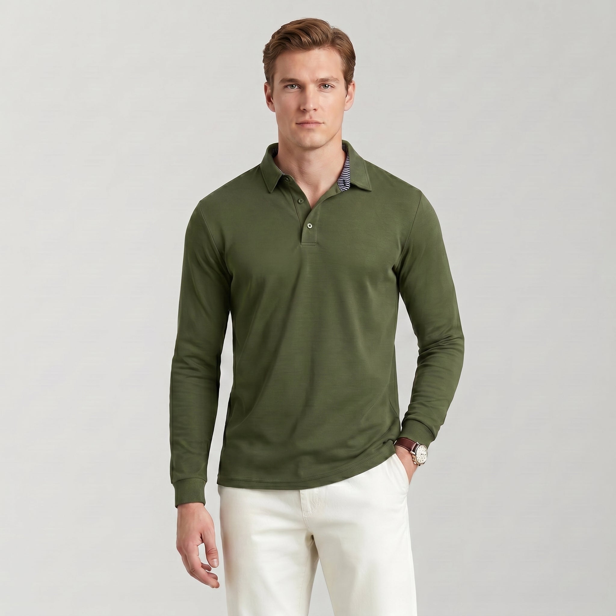 Men‘s Long Sleeve Golf Polo - Moisture Wicking Stretch Performance Shirt Army Green by MAGCOMSEN