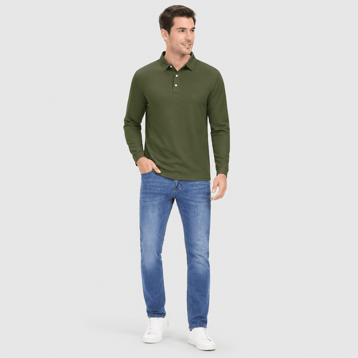 Men's Long Sleeve Quick-Dry Polo Shirt UPF Sun Protection Army Green by MAGCOMSEN