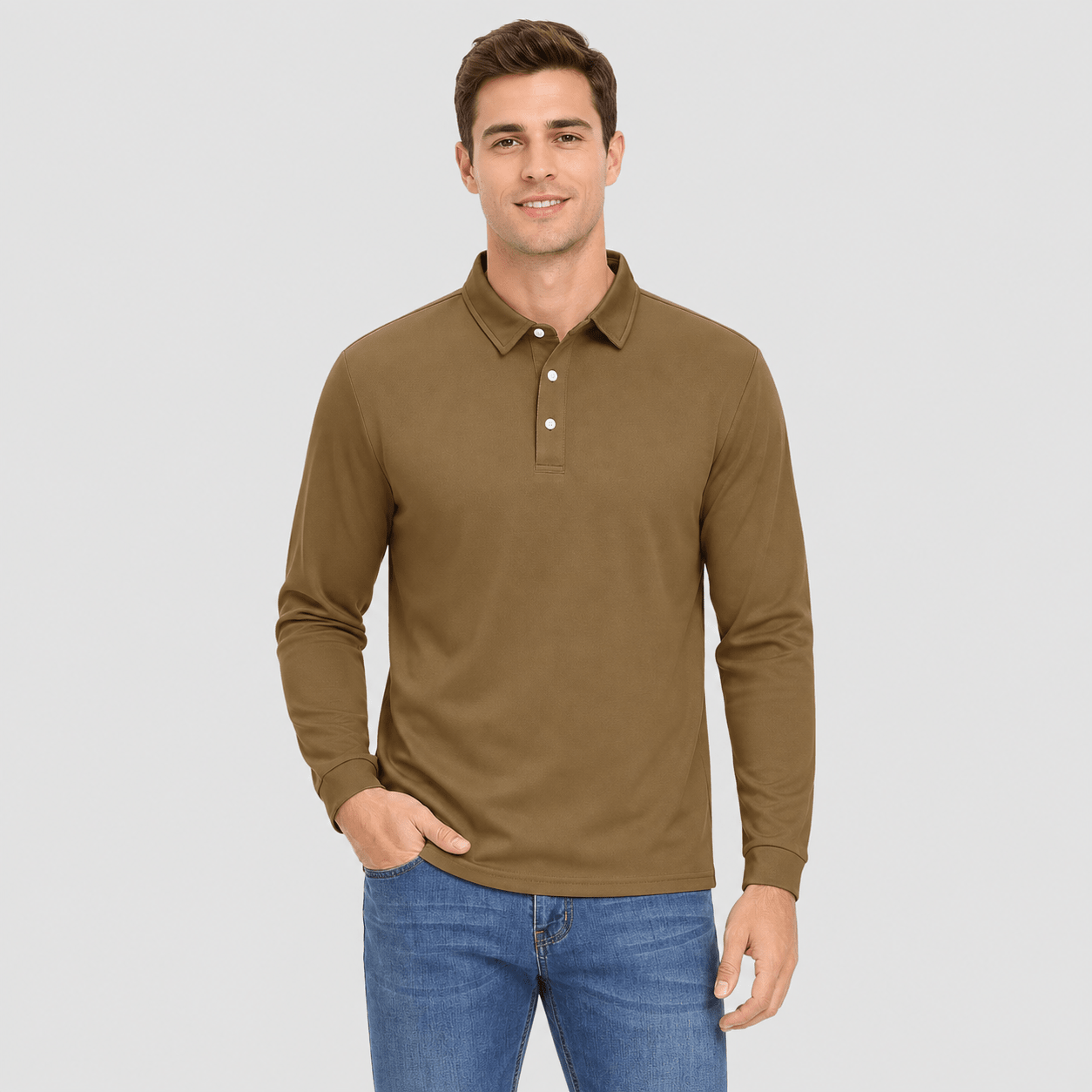 Men's Long Sleeve Quick-Dry Polo Shirt UPF Sun Protection Brown by MAGCOMSEN