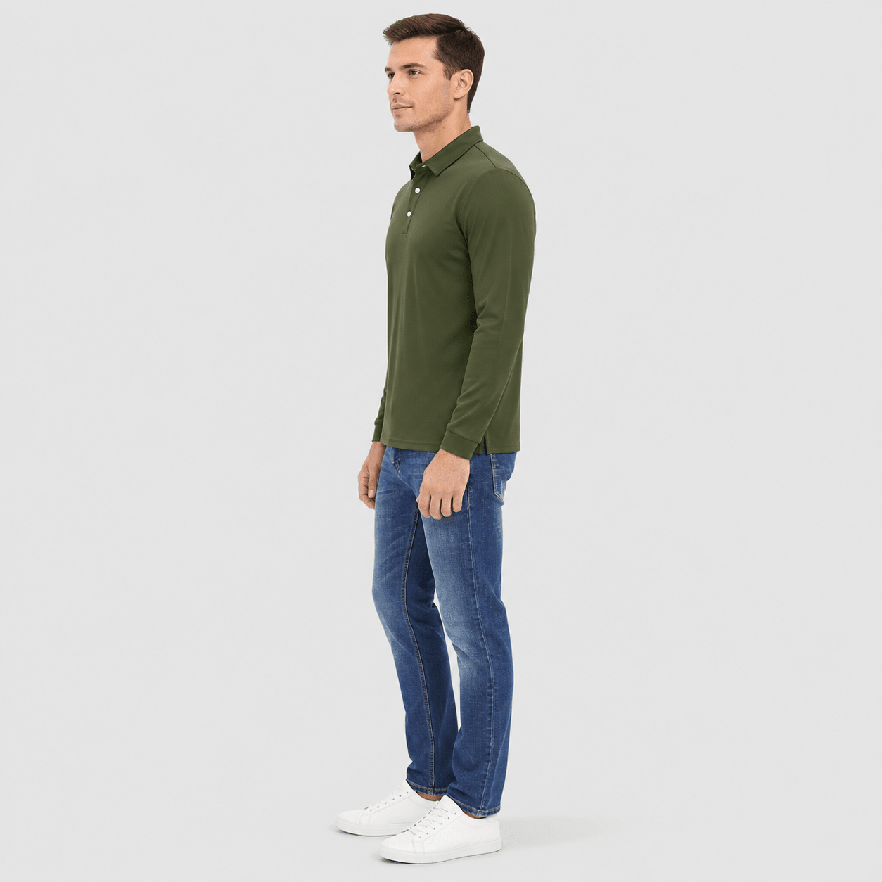 Men's Long Sleeve Quick-Dry Polo Shirt UPF Sun Protection Army Green by MAGCOMSEN