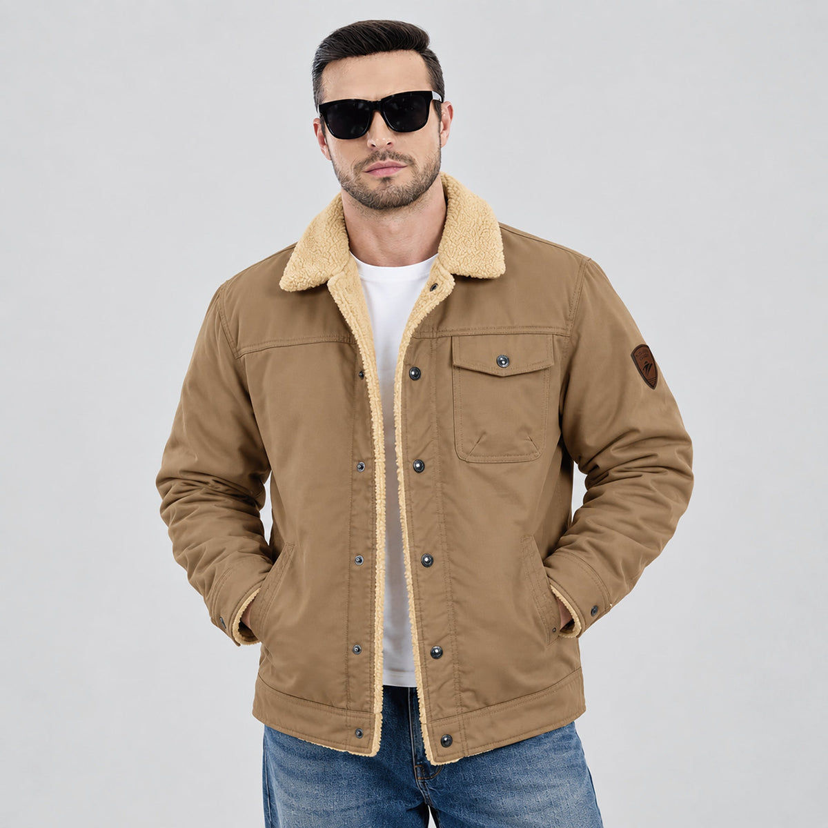 Khaki MAGCOMSEN Men's Sherpa Lined Trucker Jacket | Casual Denim Canvas Coat in #Color_Khaki