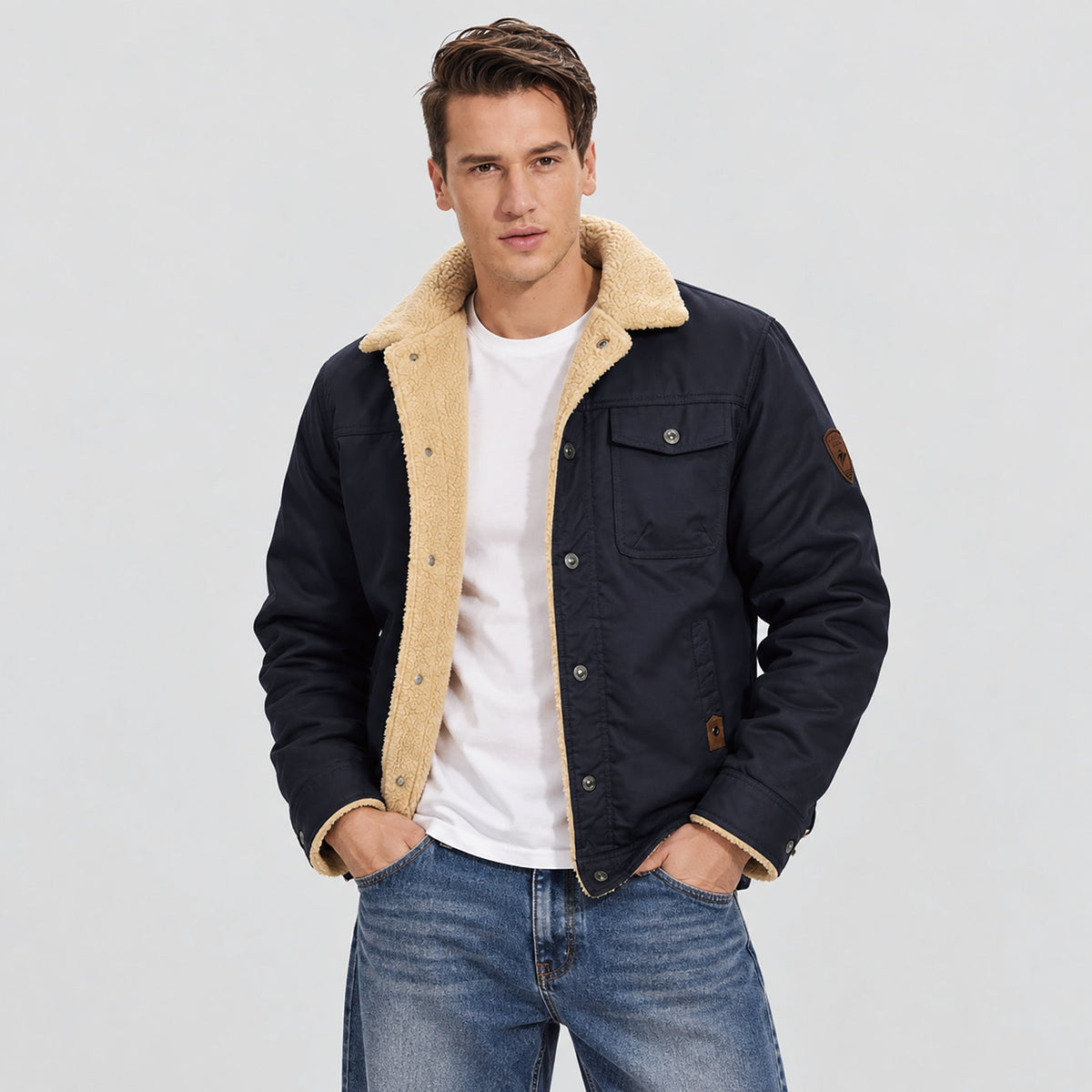 Navy MAGCOMSEN Men's Sherpa Lined Trucker Jacket | Casual Denim Canvas Coat in #Color_Navy