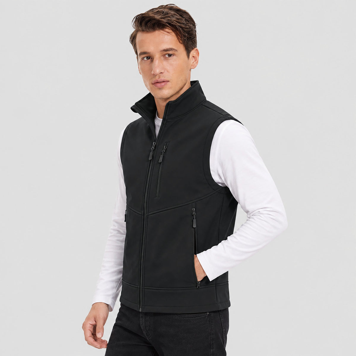 Black MAGCOMSEN Men’s Waterproof Softshell Golf Vest 6-Pocket Fleece Lined Windproof Jacket in #Color_Black