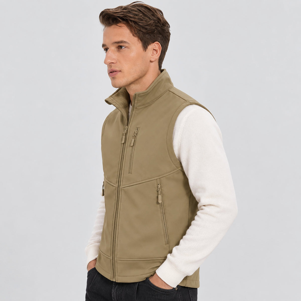 Khaki MAGCOMSEN Men’s Waterproof Softshell Golf Vest 6-Pocket Fleece Lined Windproof Jacket in #Color_Khaki
