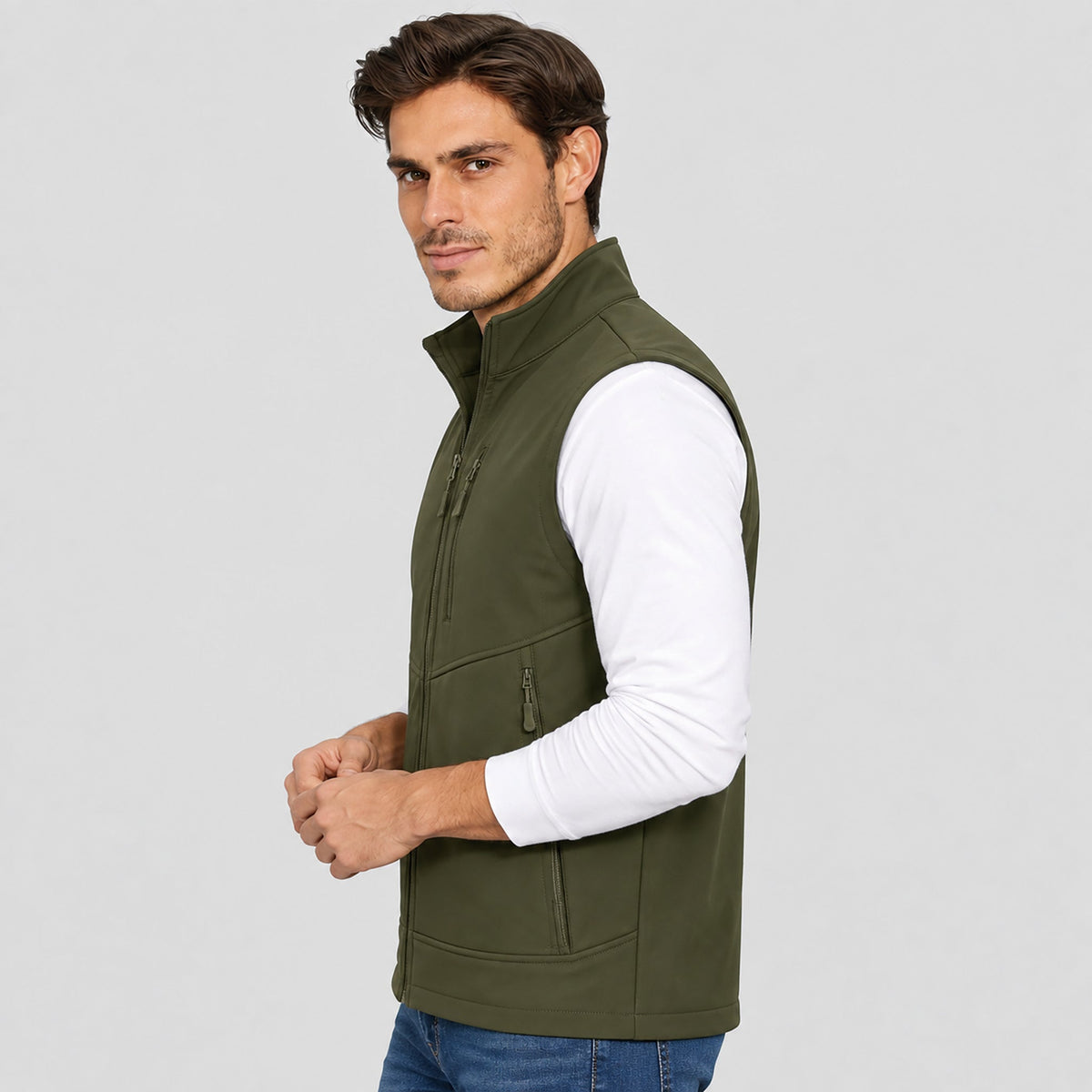 Army Green MAGCOMSEN Men’s Waterproof Softshell Golf Vest 6-Pocket Fleece Lined Windproof Jacket in #Color_Army Green
