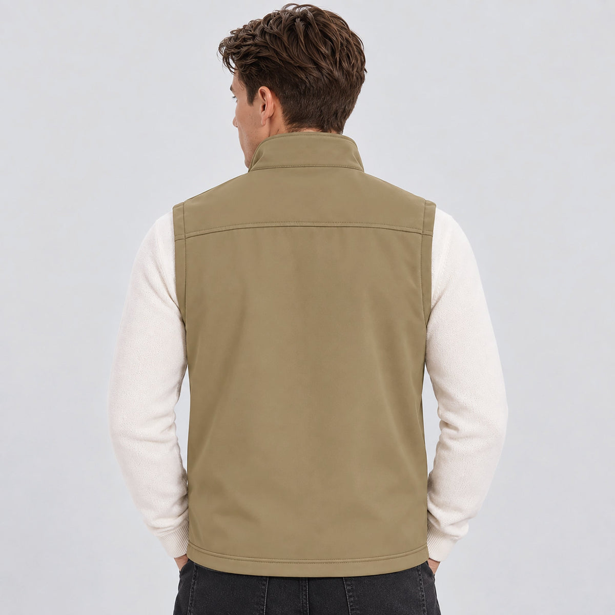 Khaki MAGCOMSEN Men’s Waterproof Softshell Golf Vest 6-Pocket Fleece Lined Windproof Jacket in #Color_Khaki