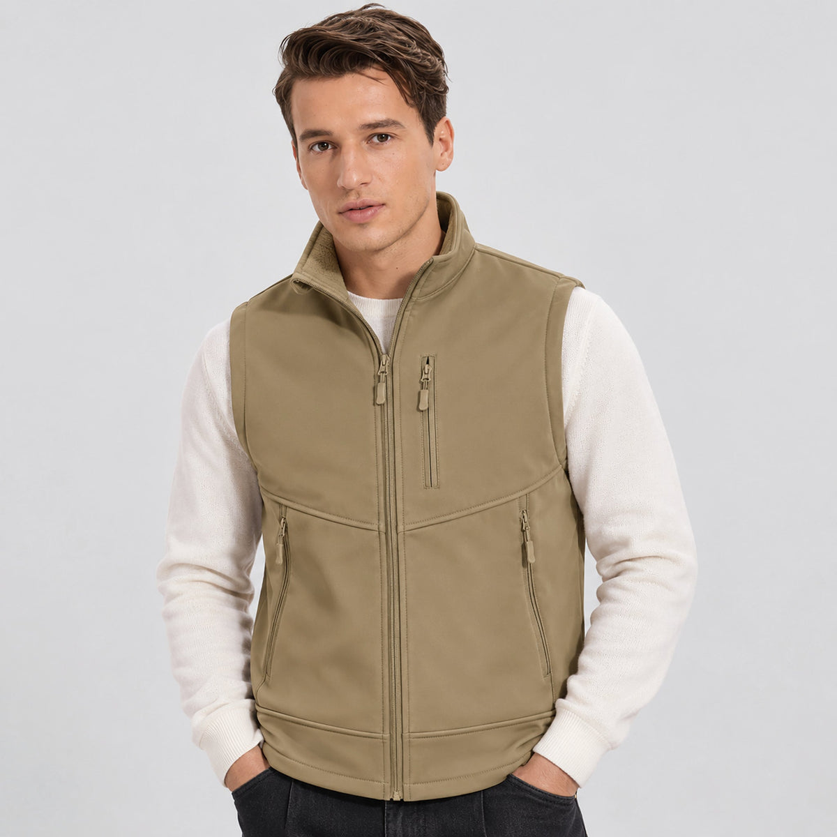 Khaki MAGCOMSEN Men’s Waterproof Softshell Golf Vest 6-Pocket Fleece Lined Windproof Jacket in #Color_Khaki