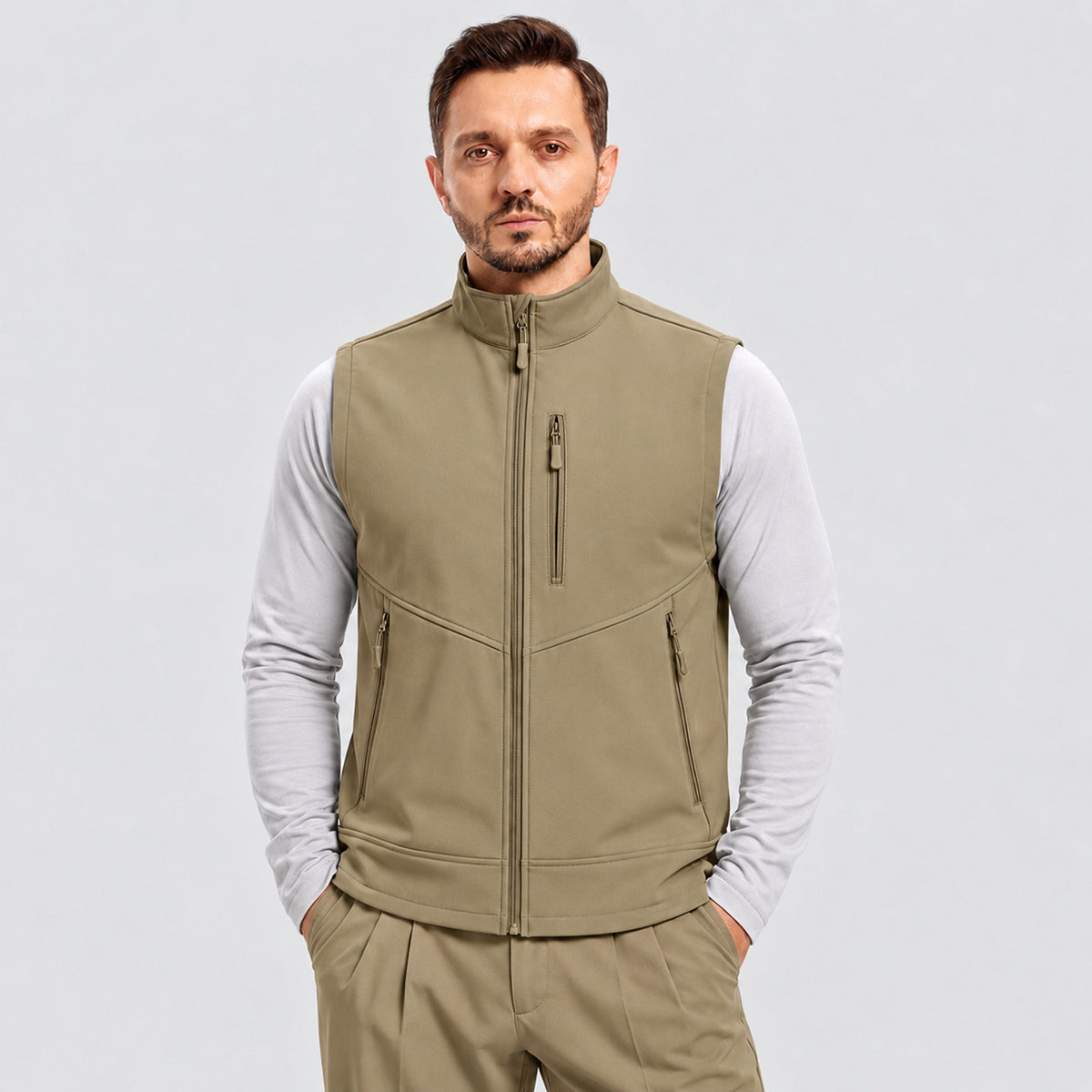 Men’s Waterproof Softshell Golf Vest 6-Pocket Fleece Lined Windproof Jacket Khaki by MAGCOMSEN