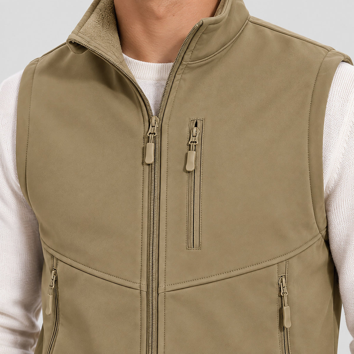 Khaki MAGCOMSEN Men’s Waterproof Softshell Golf Vest 6-Pocket Fleece Lined Windproof Jacket in #Color_Khaki
