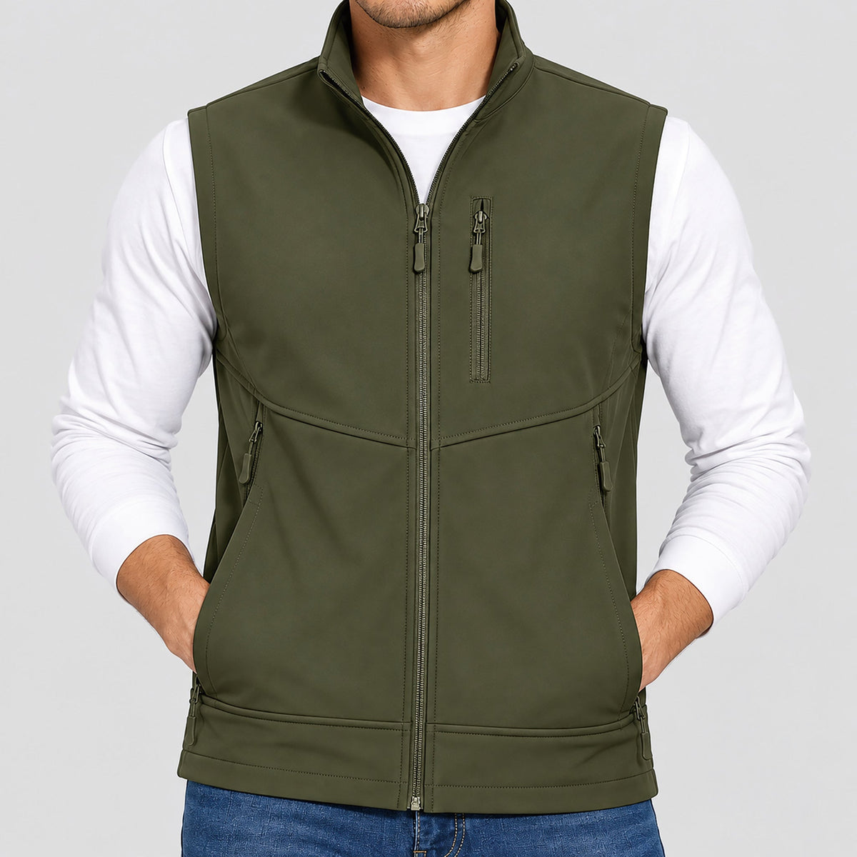 Army Green MAGCOMSEN Men’s Waterproof Softshell Golf Vest 6-Pocket Fleece Lined Windproof Jacket in #Color_Army Green
