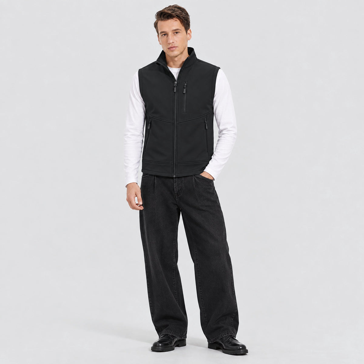 Black MAGCOMSEN Men’s Waterproof Softshell Golf Vest 6-Pocket Fleece Lined Windproof Jacket in #Color_Black