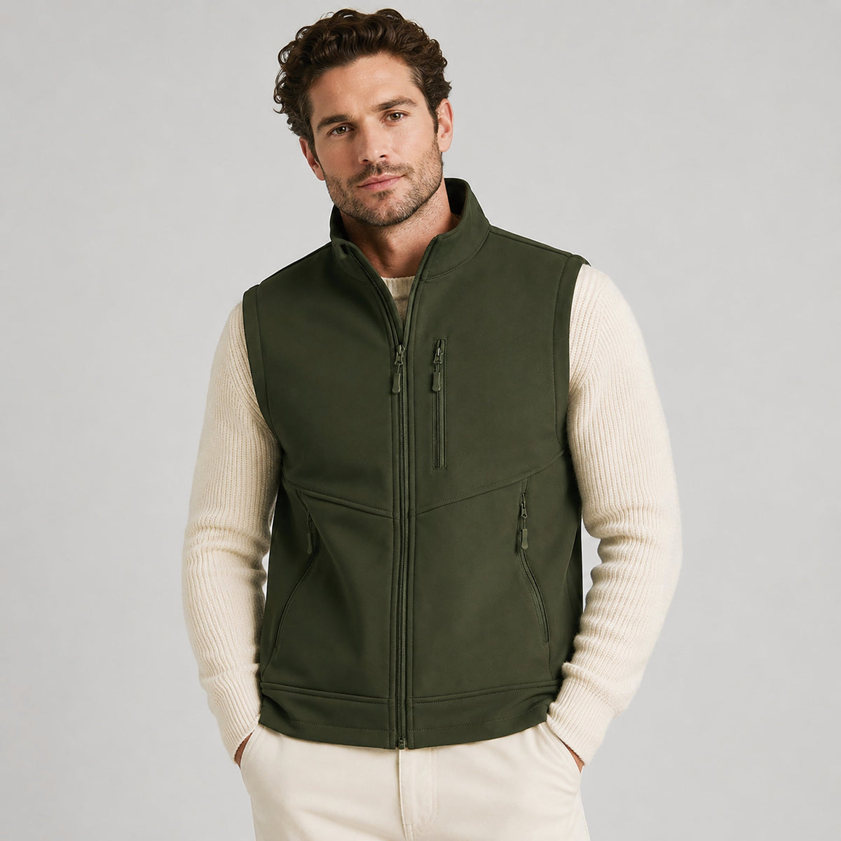 Men’s Waterproof Softshell Golf Vest 6-Pocket Fleece Lined Windproof Jacket Army Green by MAGCOMSEN