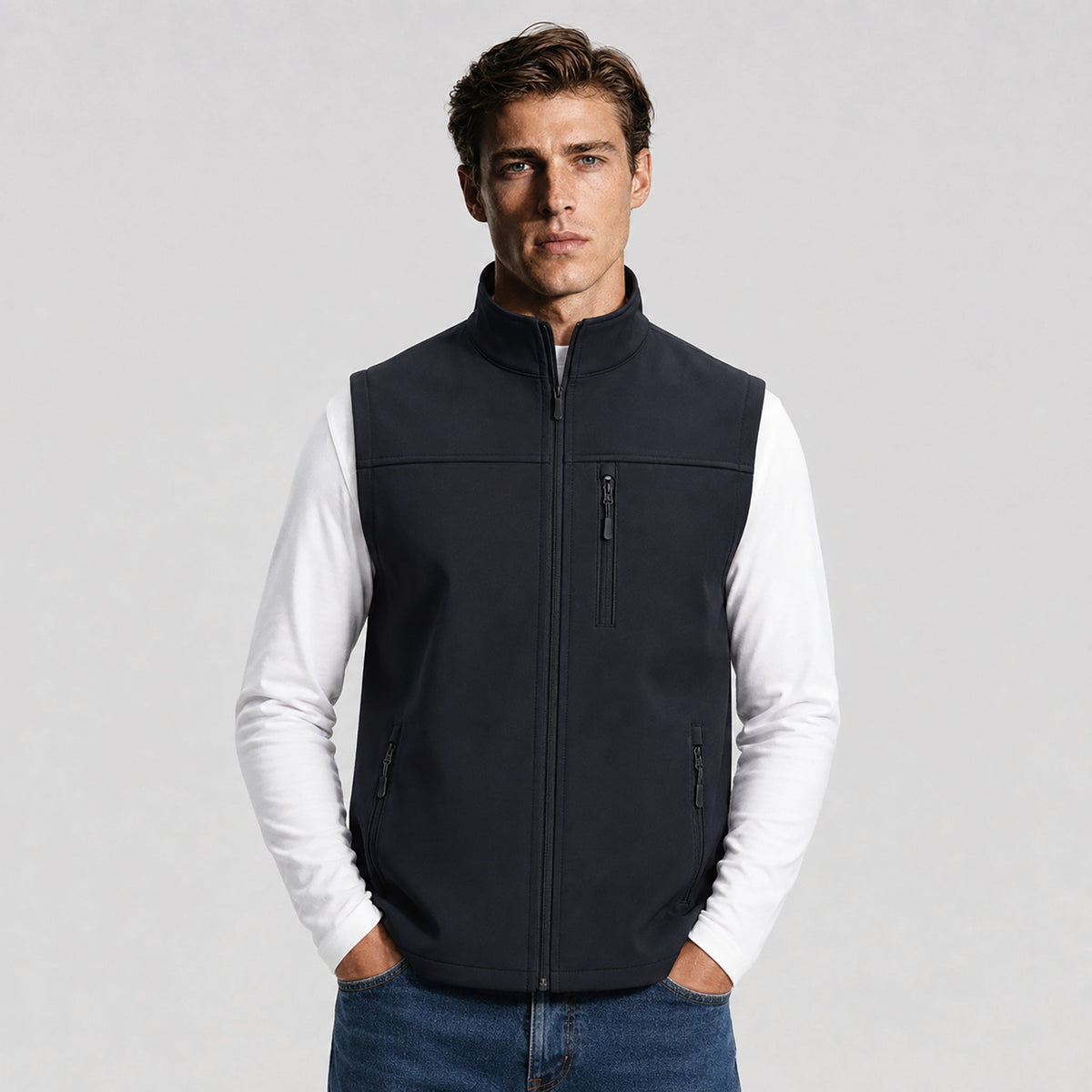 Black MAGCOMSEN Men's Waterproof Softshell Vest 6-Pocket Fleece Lined Golf Windbreaker in #Color_Black