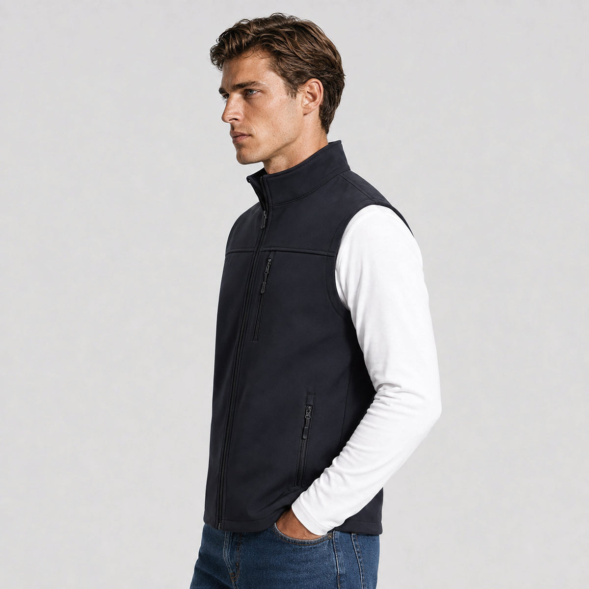 Black MAGCOMSEN Men's Waterproof Softshell Vest 6-Pocket Fleece Lined Golf Windbreaker in #Color_Black