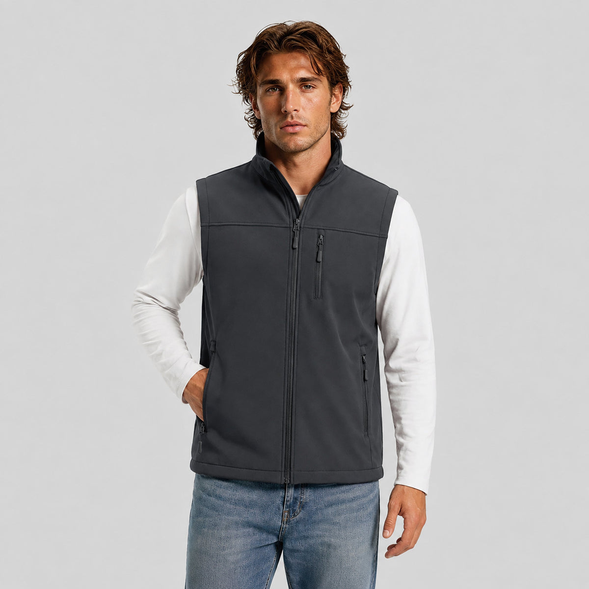 Dark Grey MAGCOMSEN Men's Waterproof Softshell Vest 6-Pocket Fleece Lined Golf Windbreaker in #Color_Dark Grey