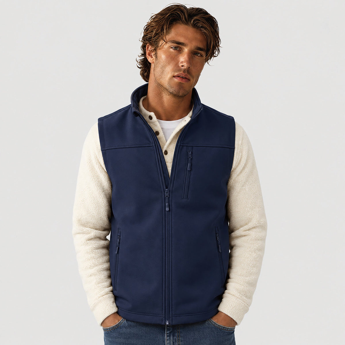 Navy MAGCOMSEN Men's Waterproof Softshell Vest 6-Pocket Fleece Lined Golf Windbreaker in #Color_Navy