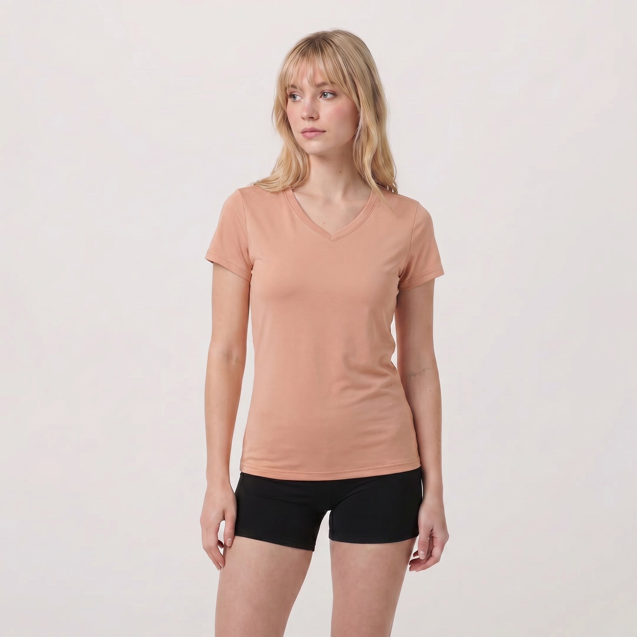 Women UPF 50 Plus V Neck Workout Top - Cooling Quick Dry Hiking Shirt Apricot by MAGCOMSEN